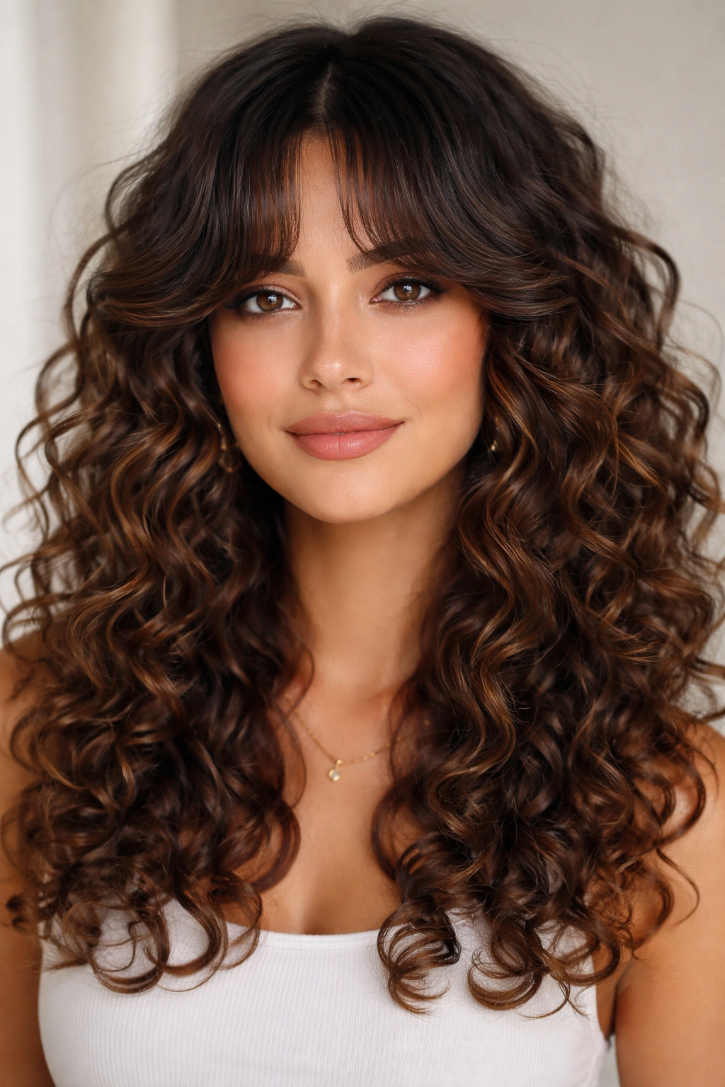 Portrait of defined spiral curls with curtain bangs