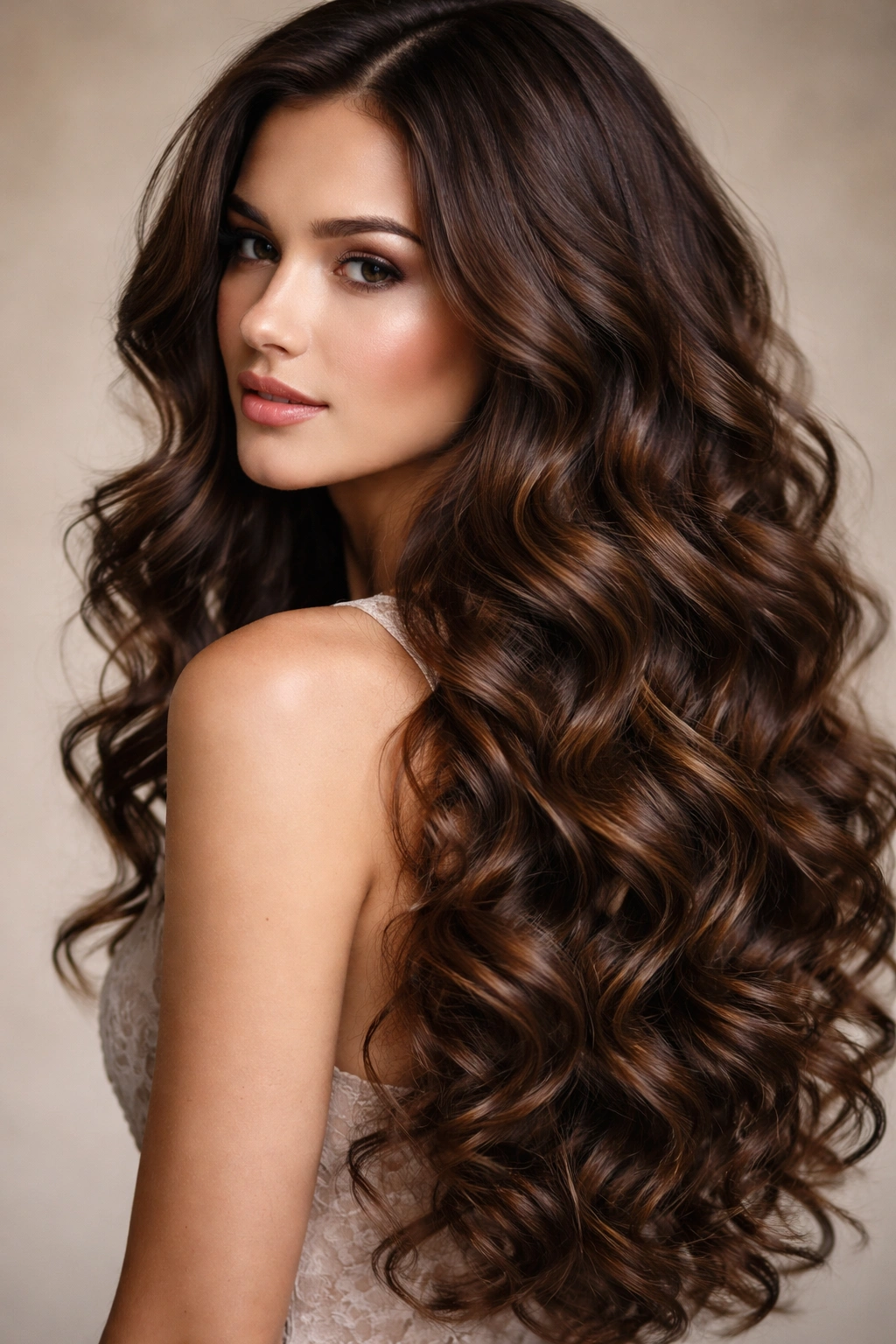 Brunette hair with loose spiral curls throughout