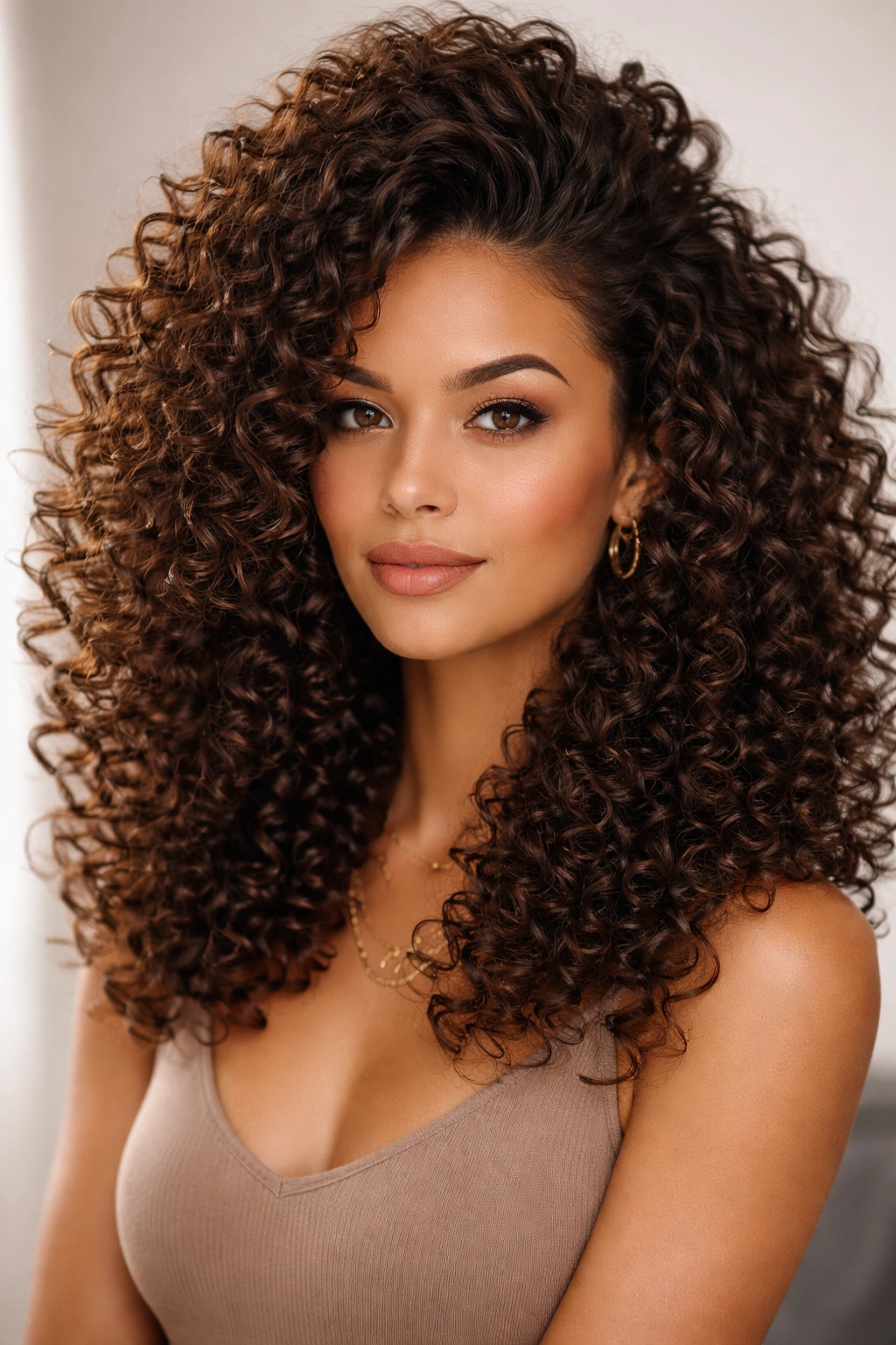 Tight spiral curls with high crown volume in a studio portrait