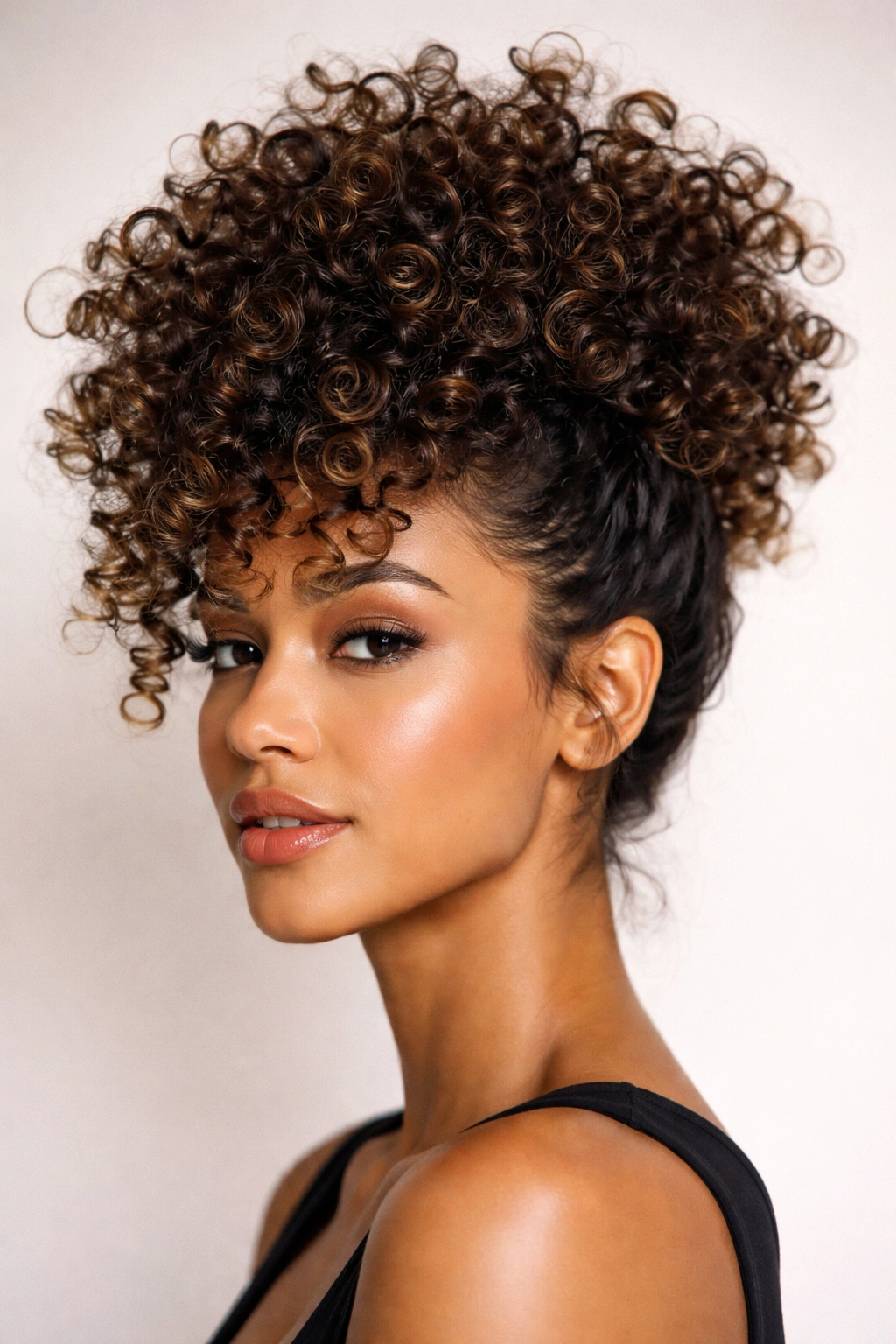 Spiral curls stacked at the crown creating volume