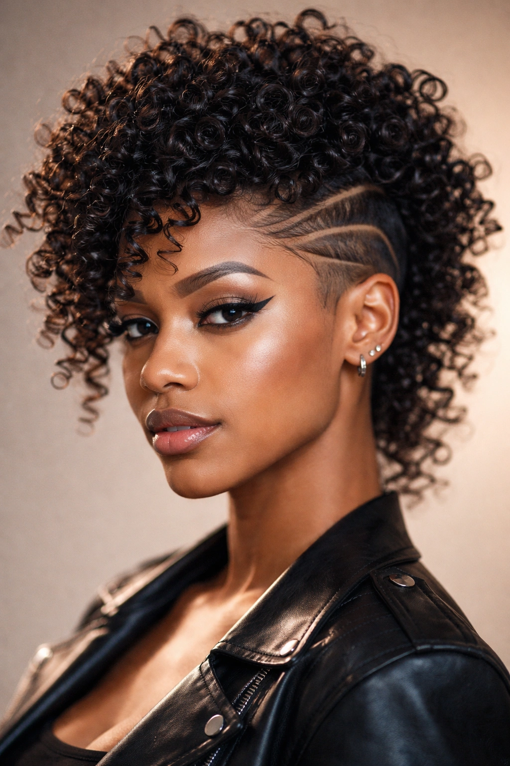 Afro with spiral curls and sharp edge details, including shaved lines.