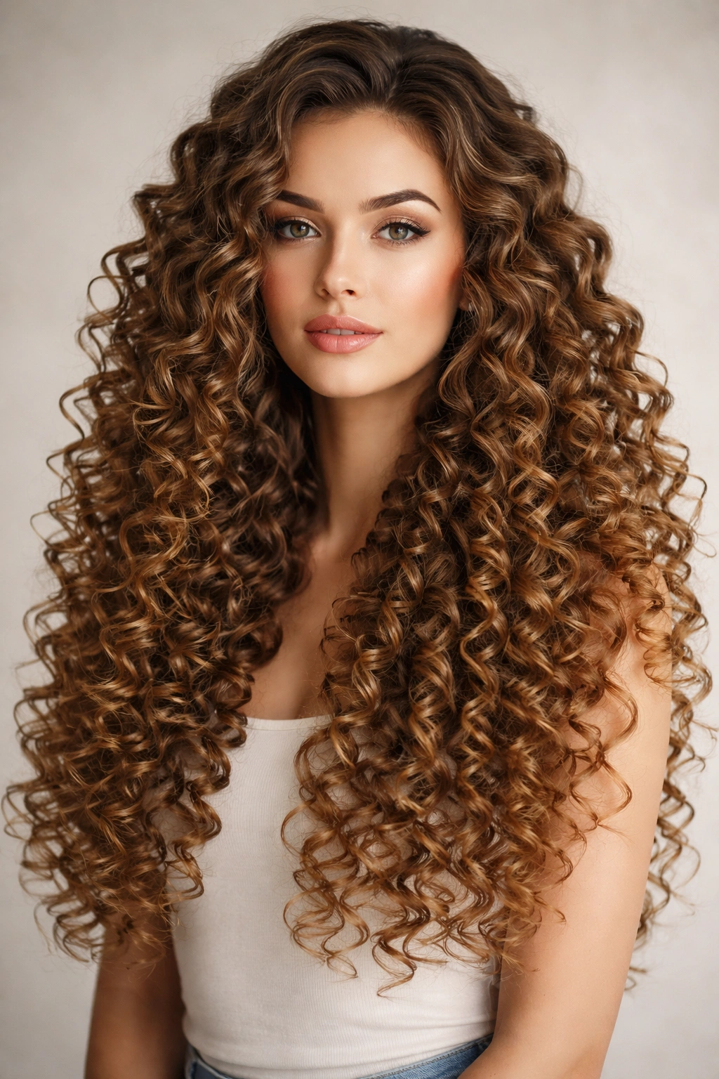 Long hair with tightly defined spiral curls and dramatic volume
