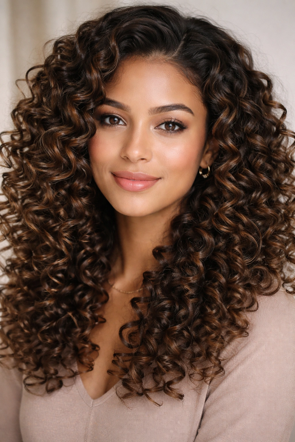 Close-up of bouncy spiral curls with defined ringlets and shine