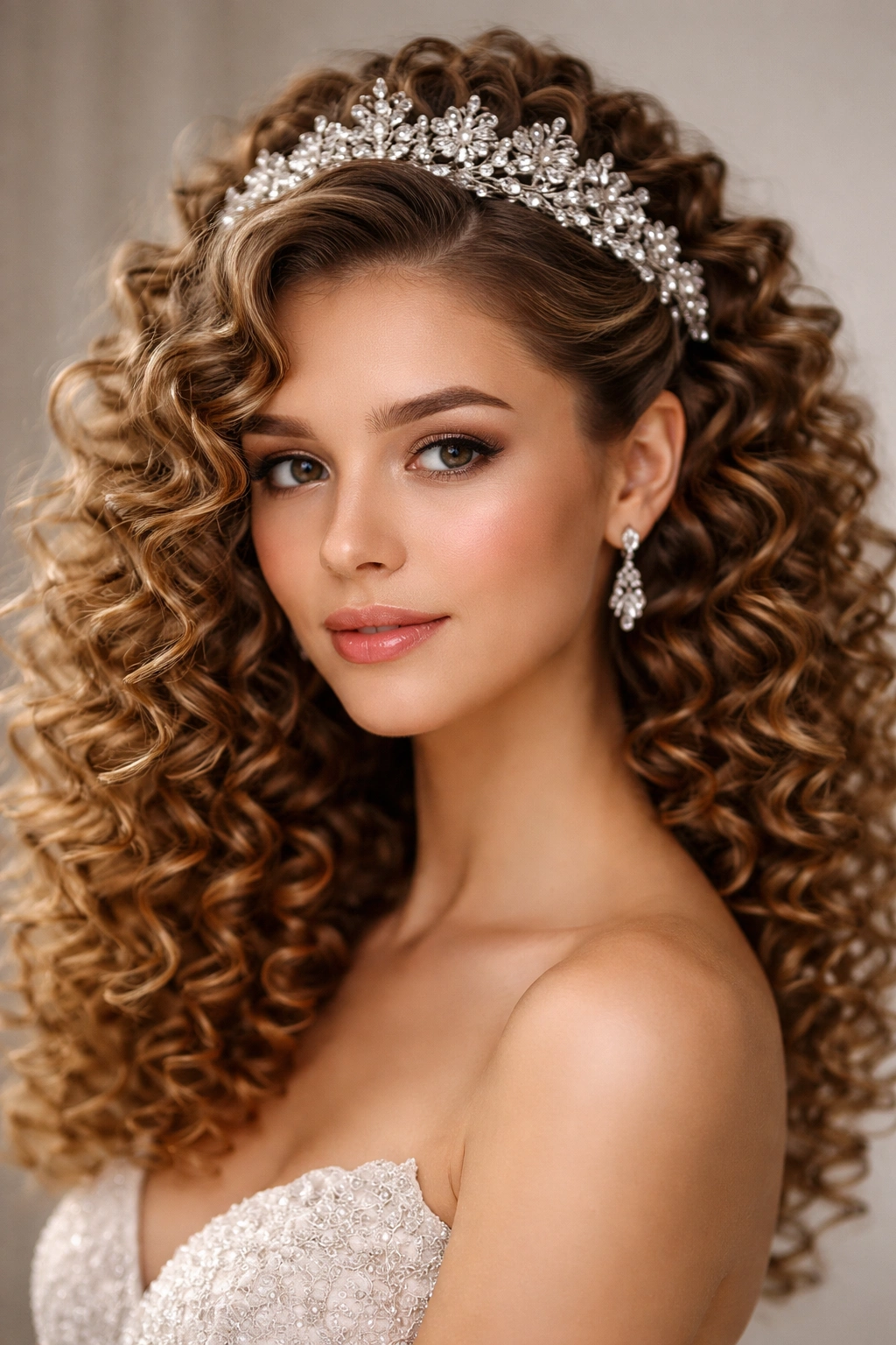 Close-up of spiral curls with a decorative headpiece on top