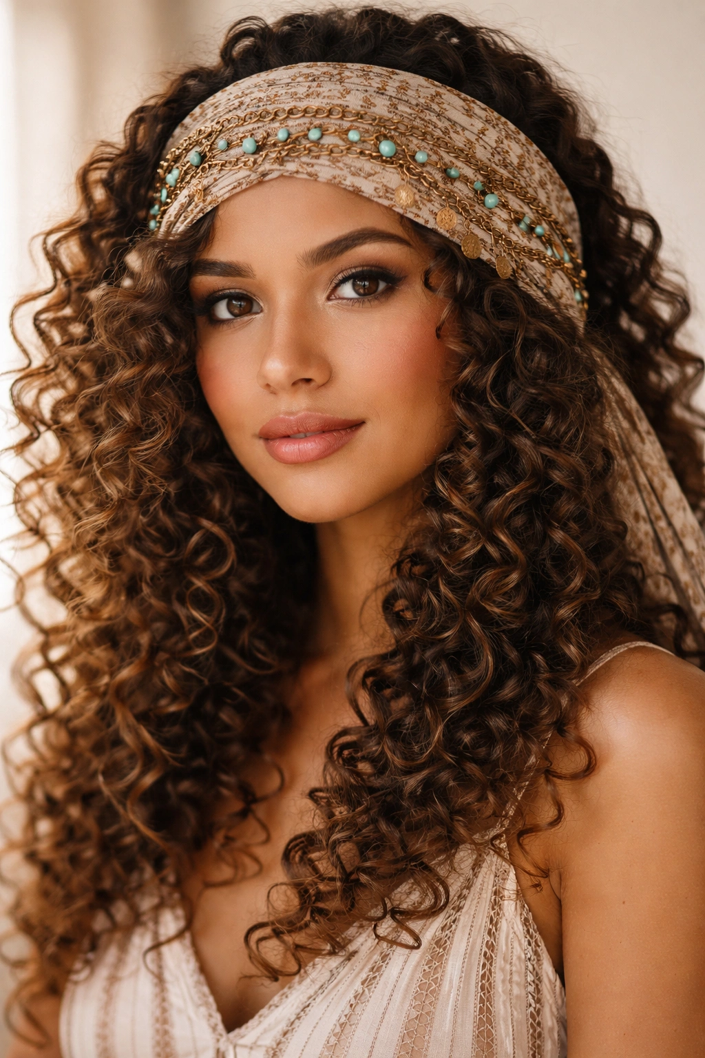 Spiral curls framed by a beaded headwrap in soft light