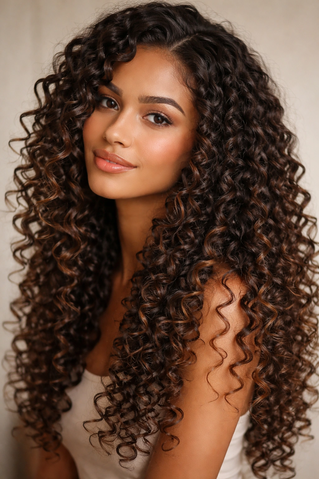 Close-up of long spiral curls on damp 3b hair with heat-free definition