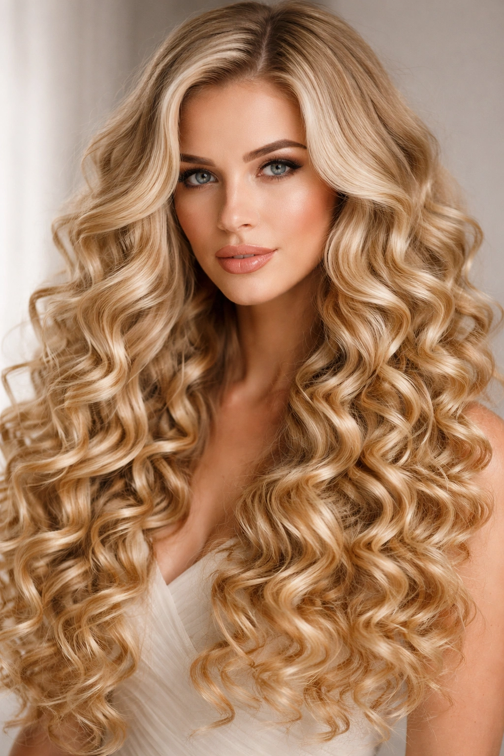 Long blonde hair with tight spiral curls cascading down.