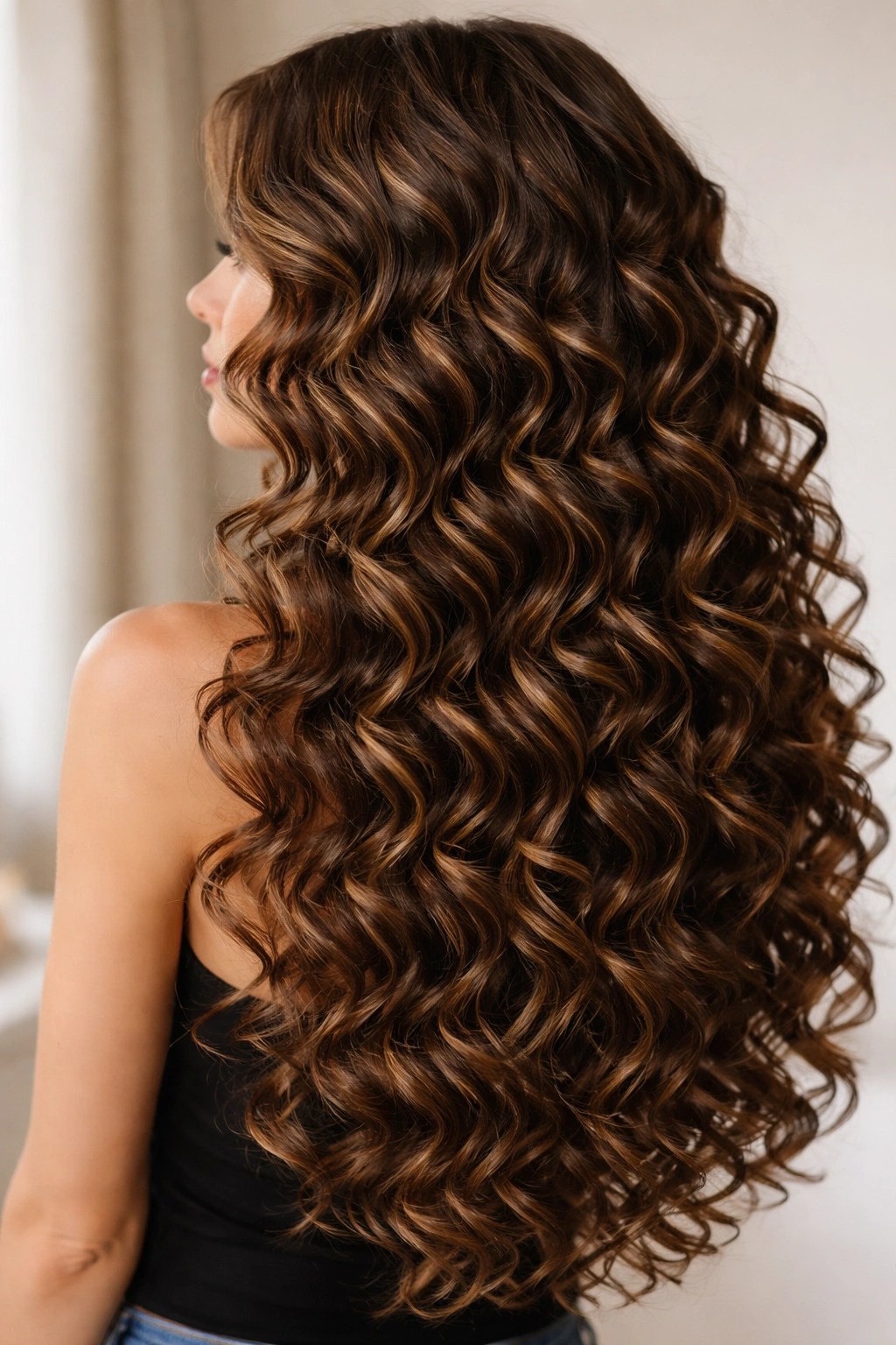 Close-up of long hair with defined spiral curls and layered texture