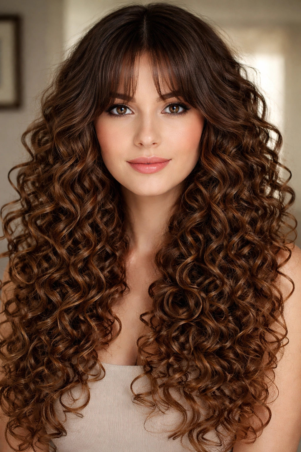 Portrait of a model with tight spiral curls and center-parted bangs
