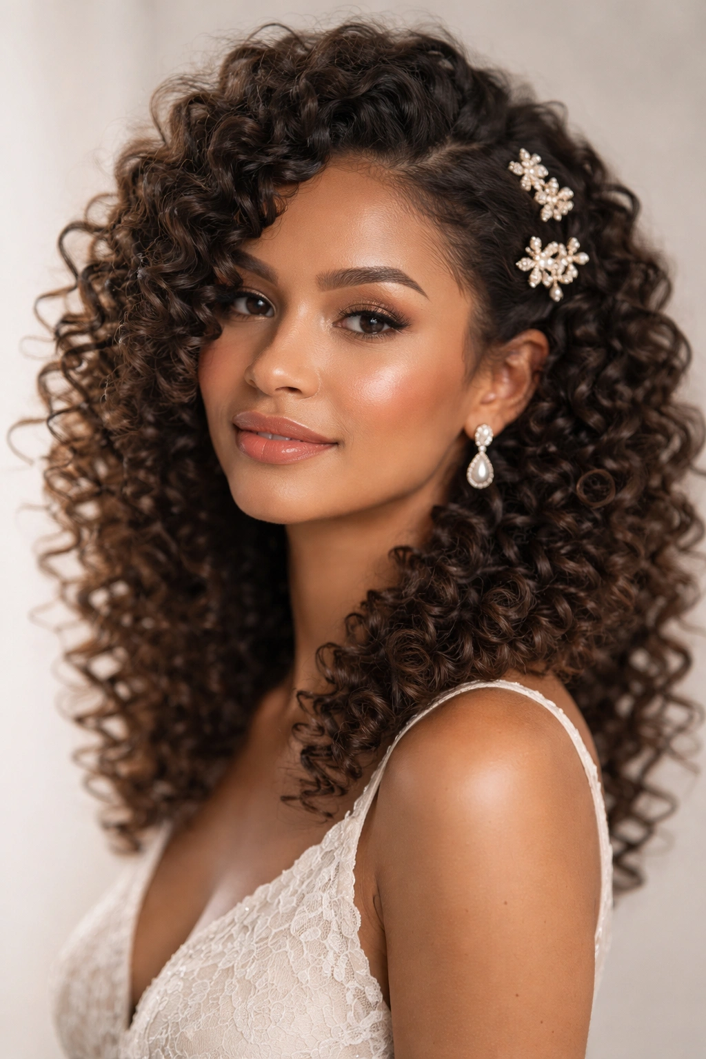 Spiral curls with decorative pins framing the face.