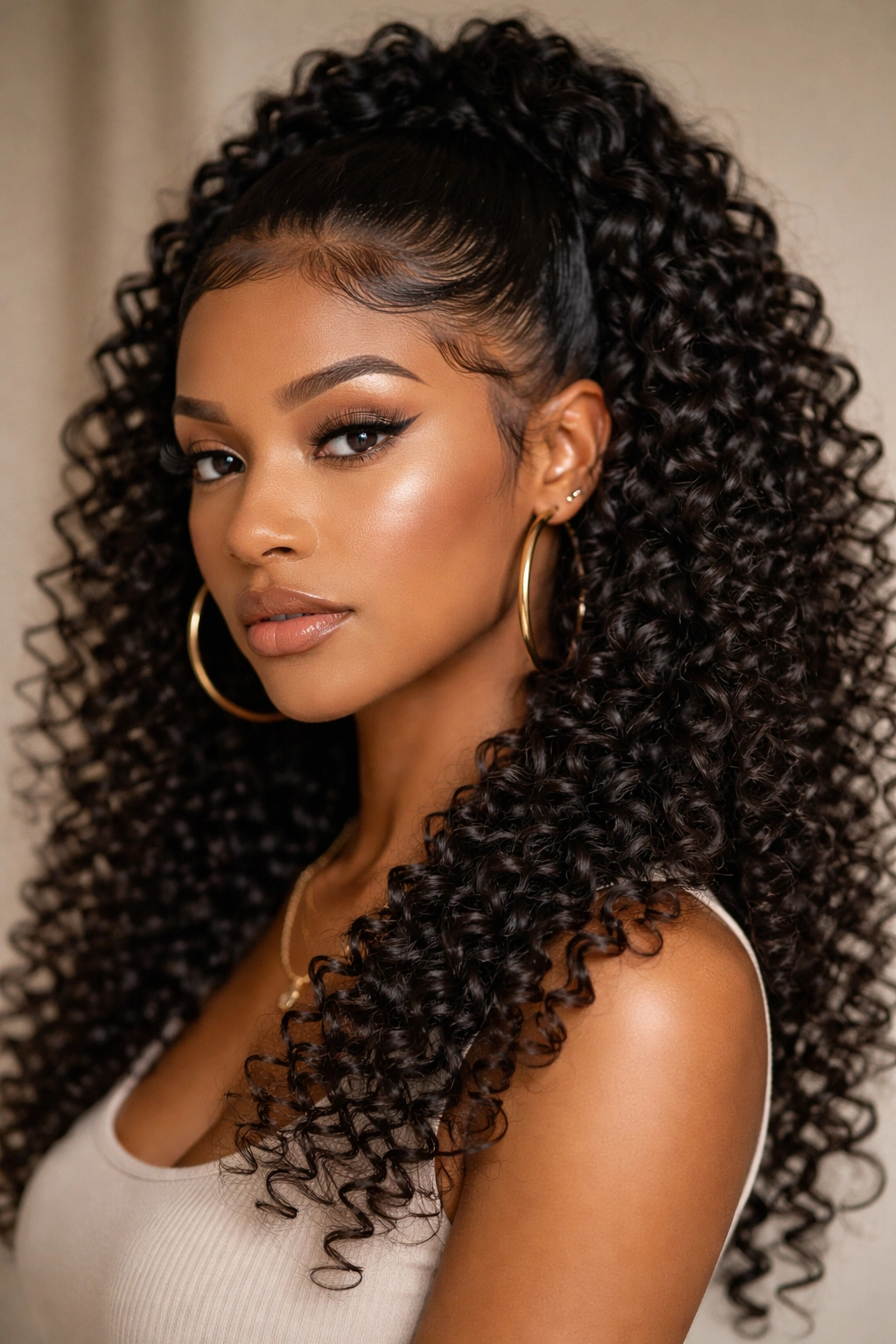 Close-up of defined spiral curls and sleek baby hairs along hairline