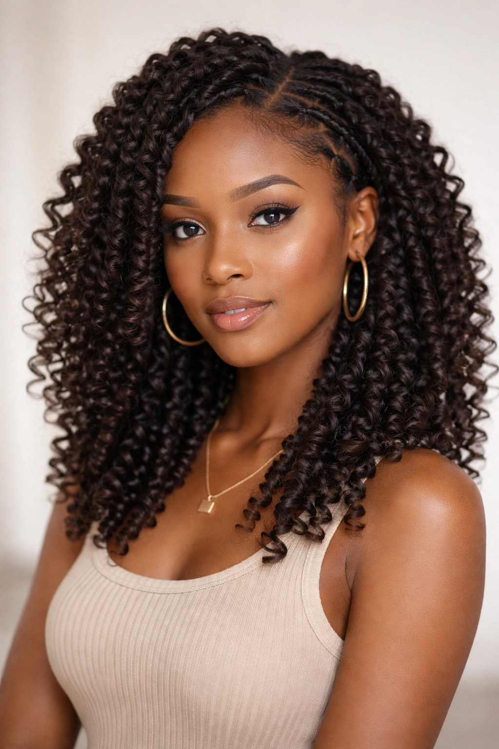 Elongated spiral curls with twists on natural hair in studio lighting