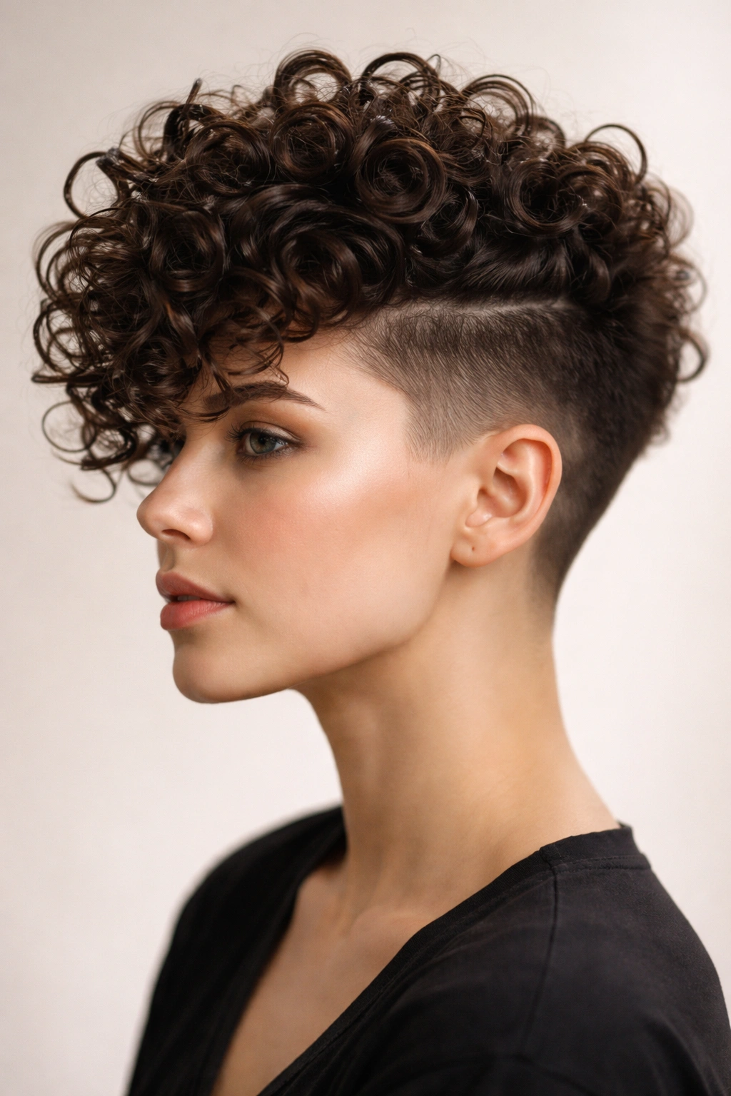 Spiral curls on top with an undercut on the sides