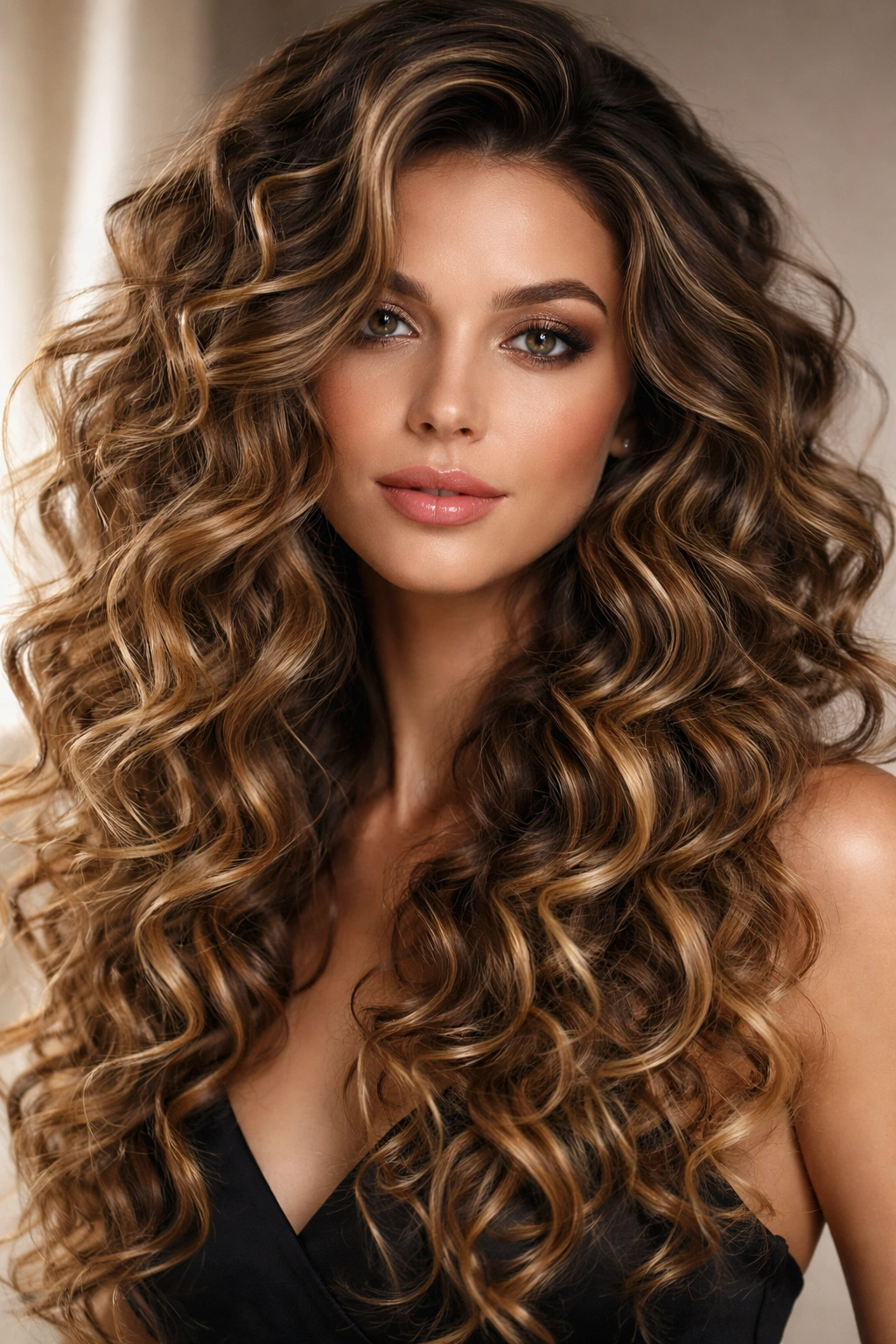 Close-up of spiral curls with wave detail for textured volume.