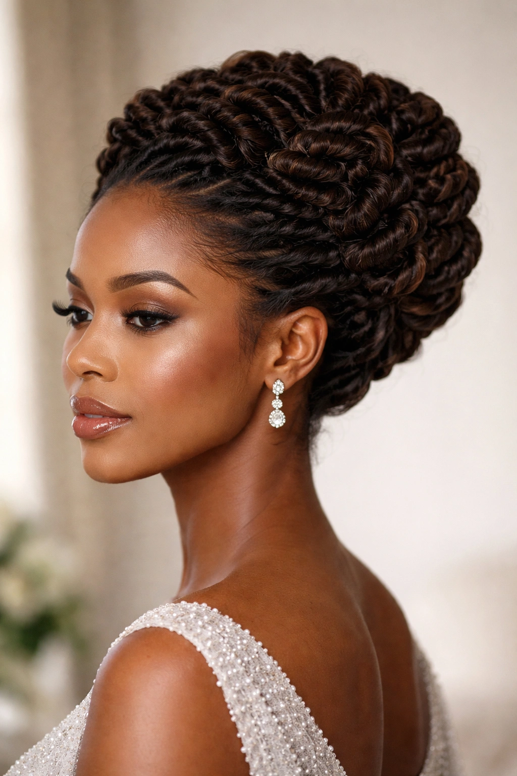 Spiral locks arranged into a formal crown updo.