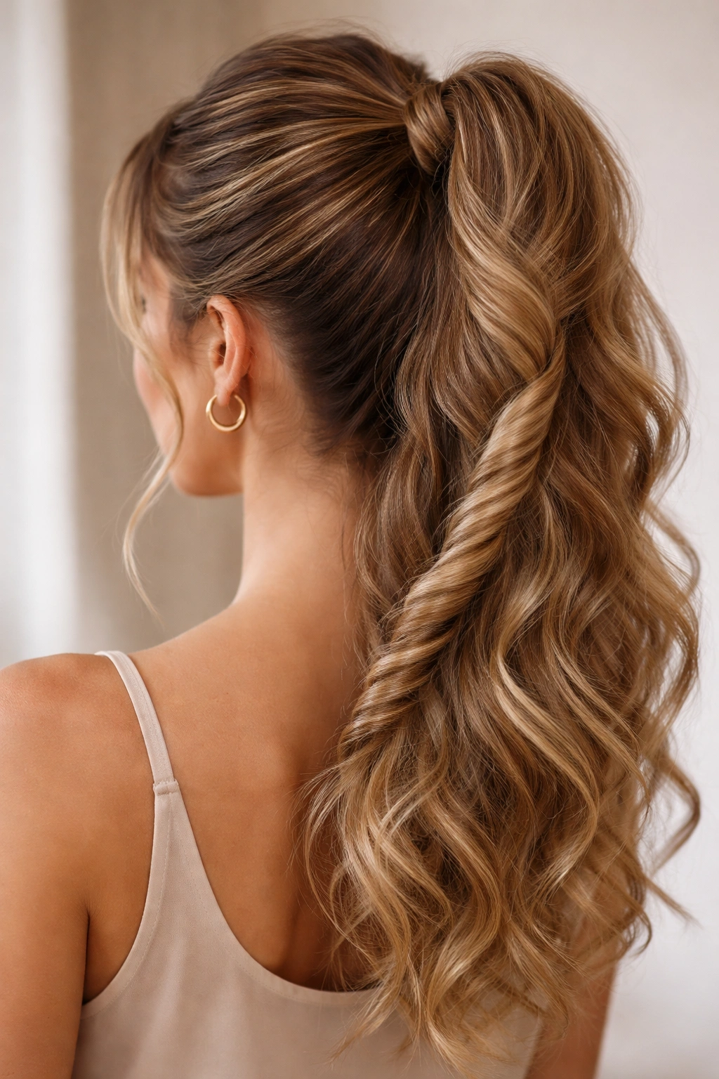 Close-up of a high spiral-wrapped ponytail highlighting wavy texture