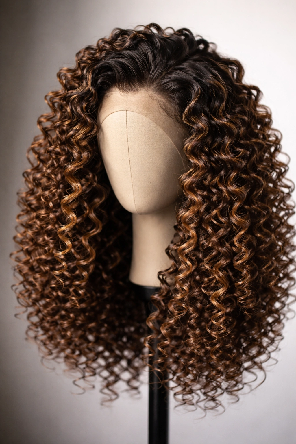 Spiral ringlets on a frontal wig displayed on a head form with dramatic volume