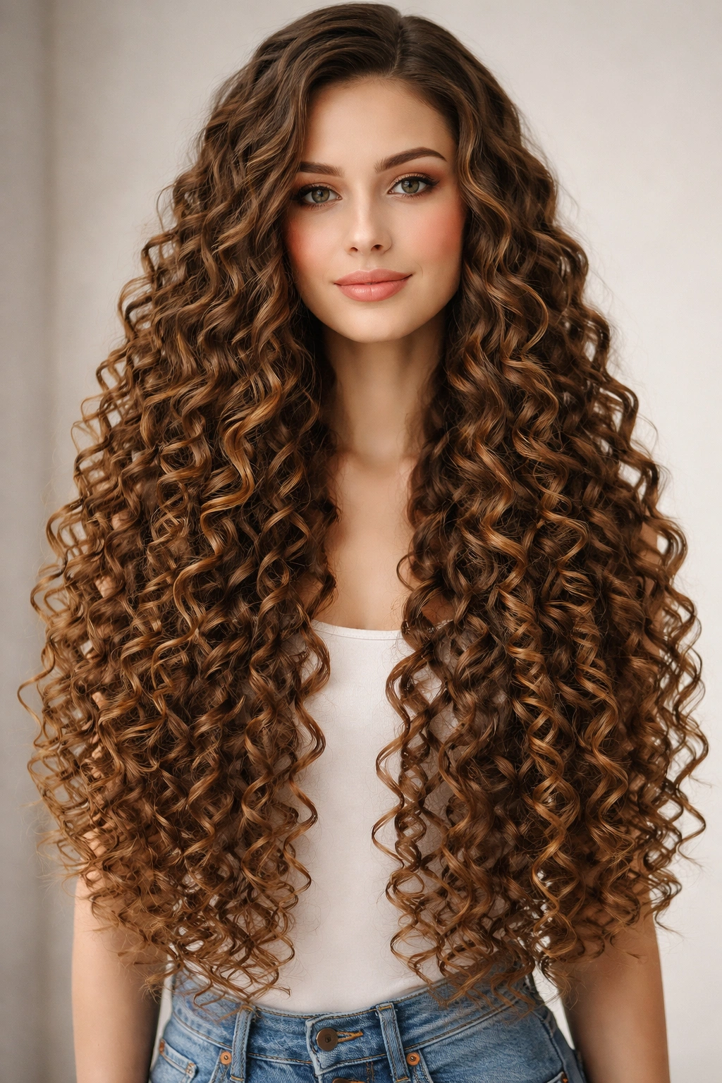 Defined spiral ringlets along full length of long hair
