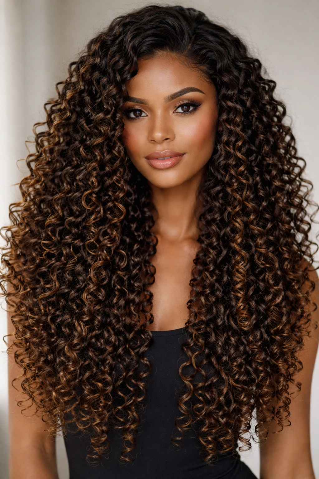Wig with tight spiral ringlets 3C or tighter showing elongated coils.