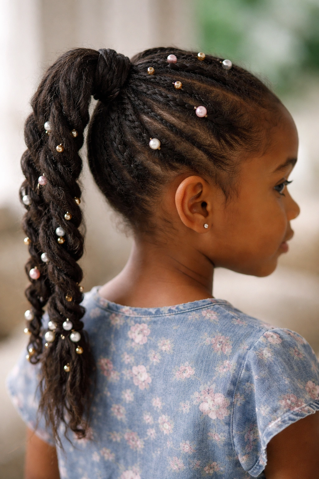 Spiral rope-like twist ponytail with beads scattered along twists