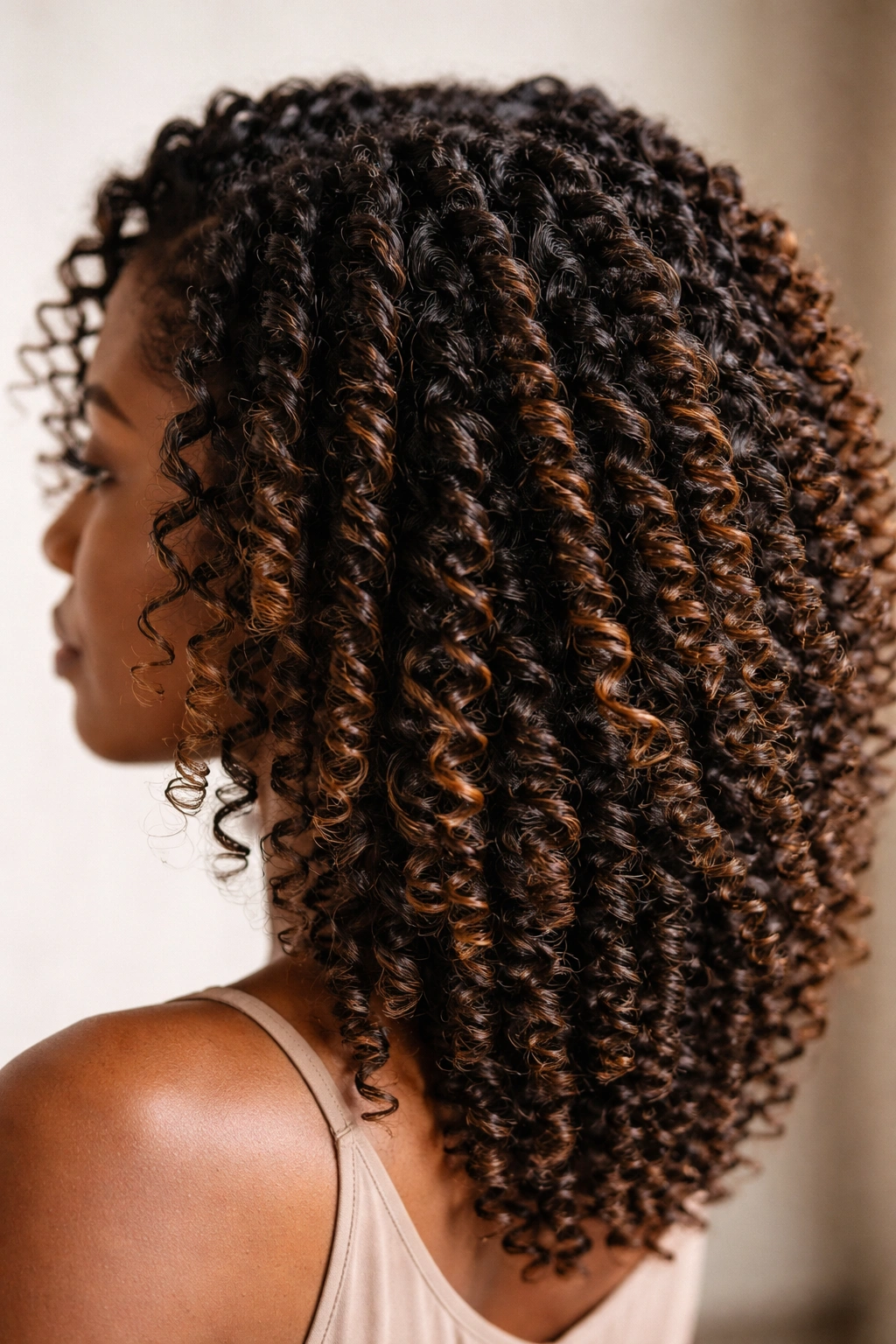 Close-up of spiral twist-out curls with defined dimensional spirals