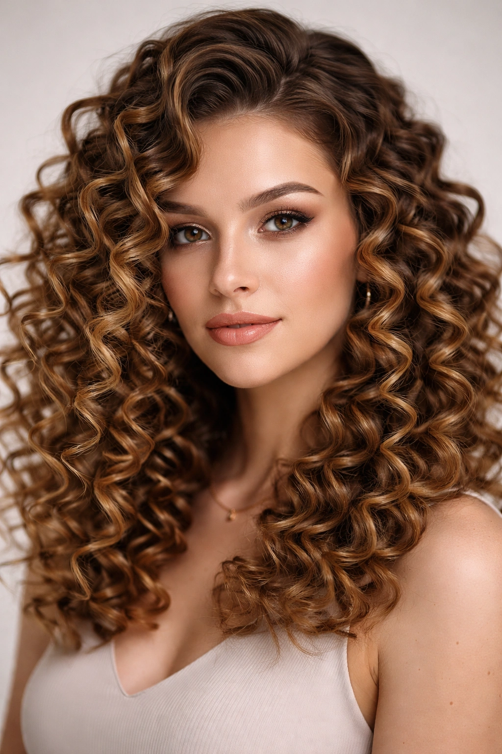 Portrait of a model with tight spiral curls on medium-length hair