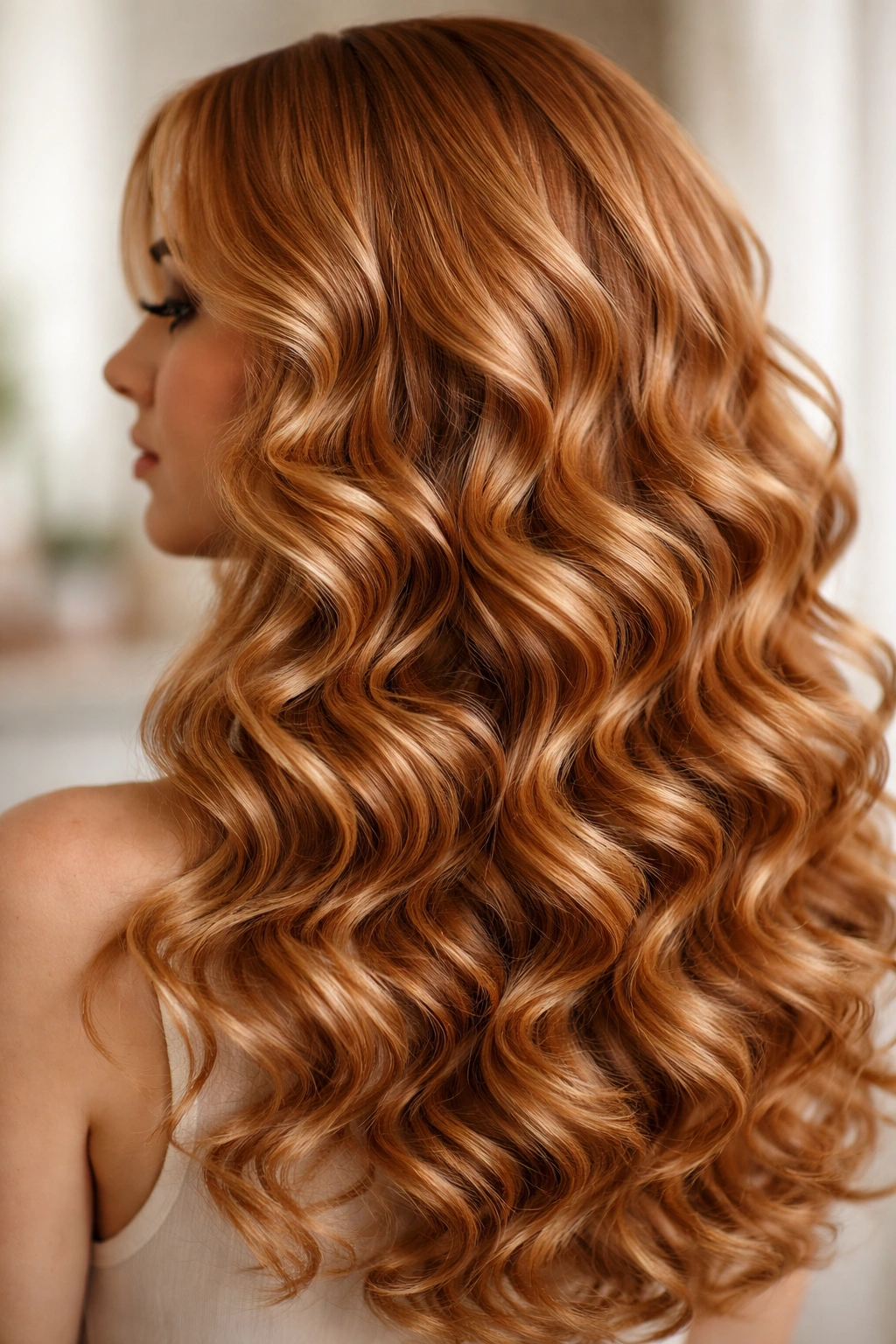 Defined spiral waves and curls in strawberry blonde hair