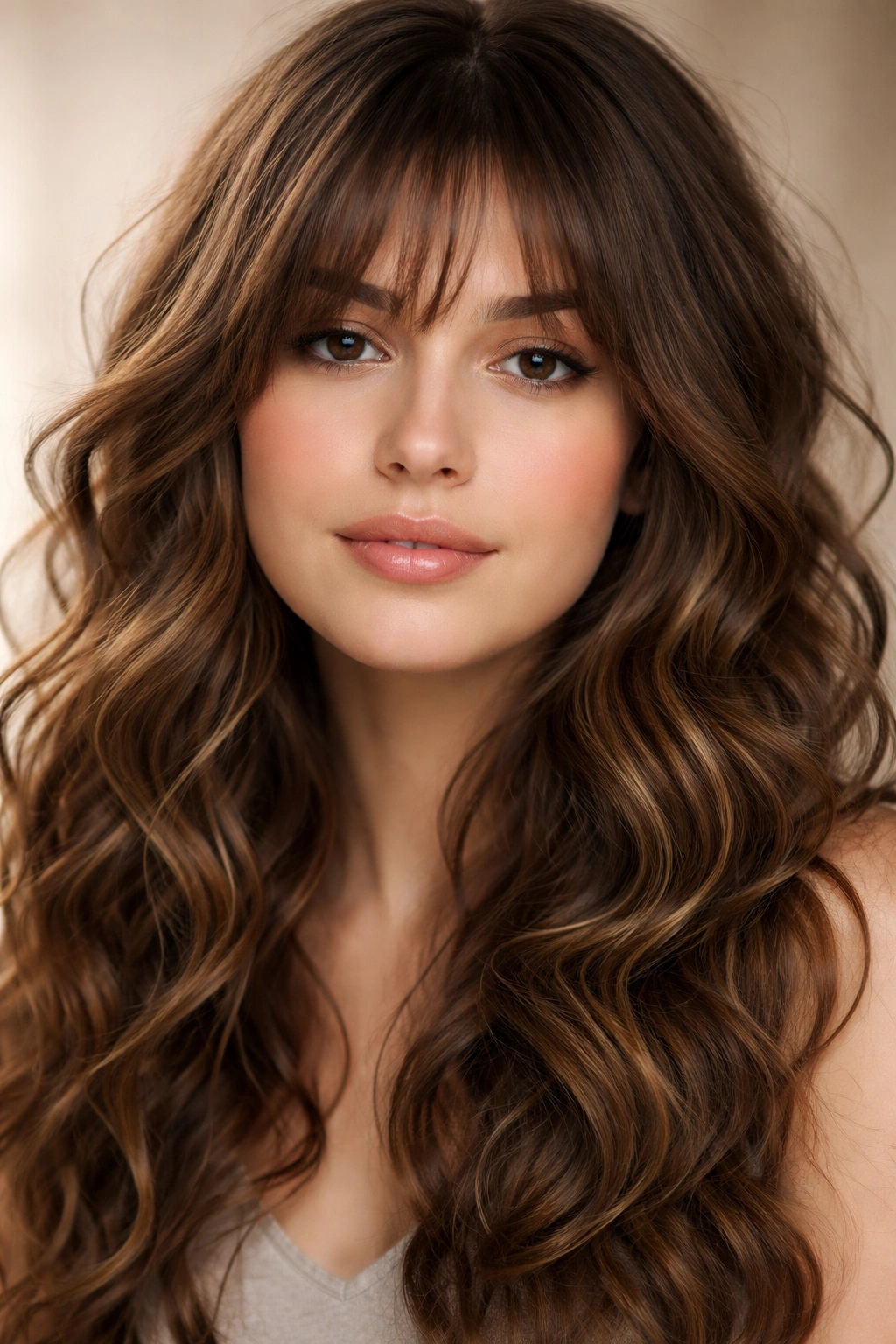 Loose spiral waves with face-framing bangs.