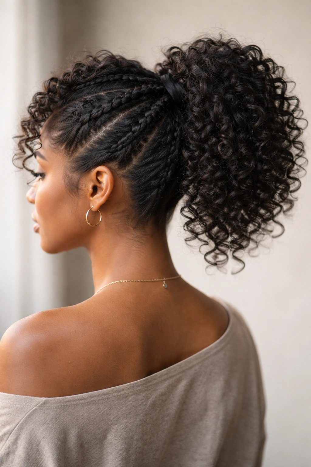 Back view of short curls with spiral weaves winding into a high ponytail