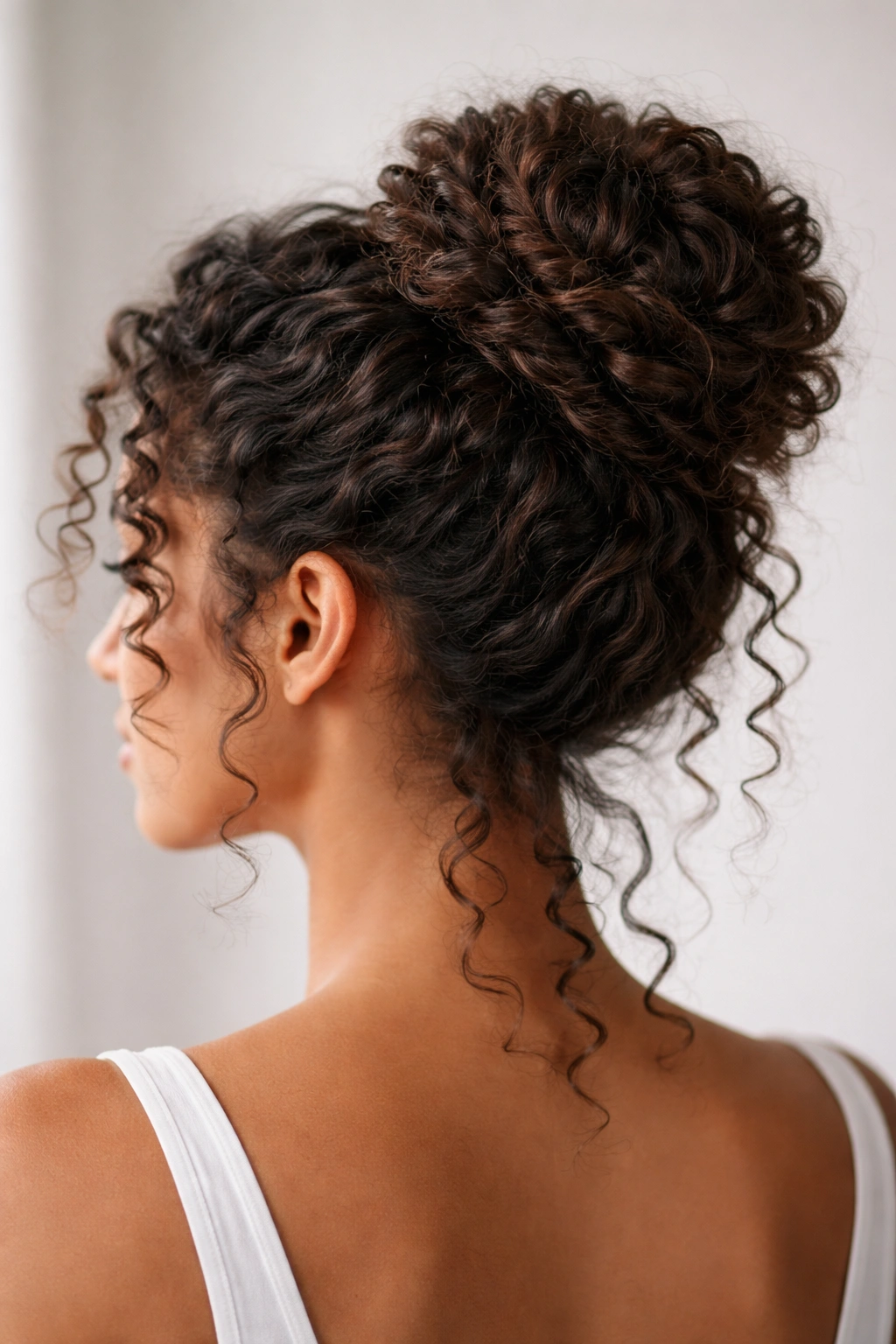 Portrait of a spiral wrap bun with voluminous crown and visible curls.