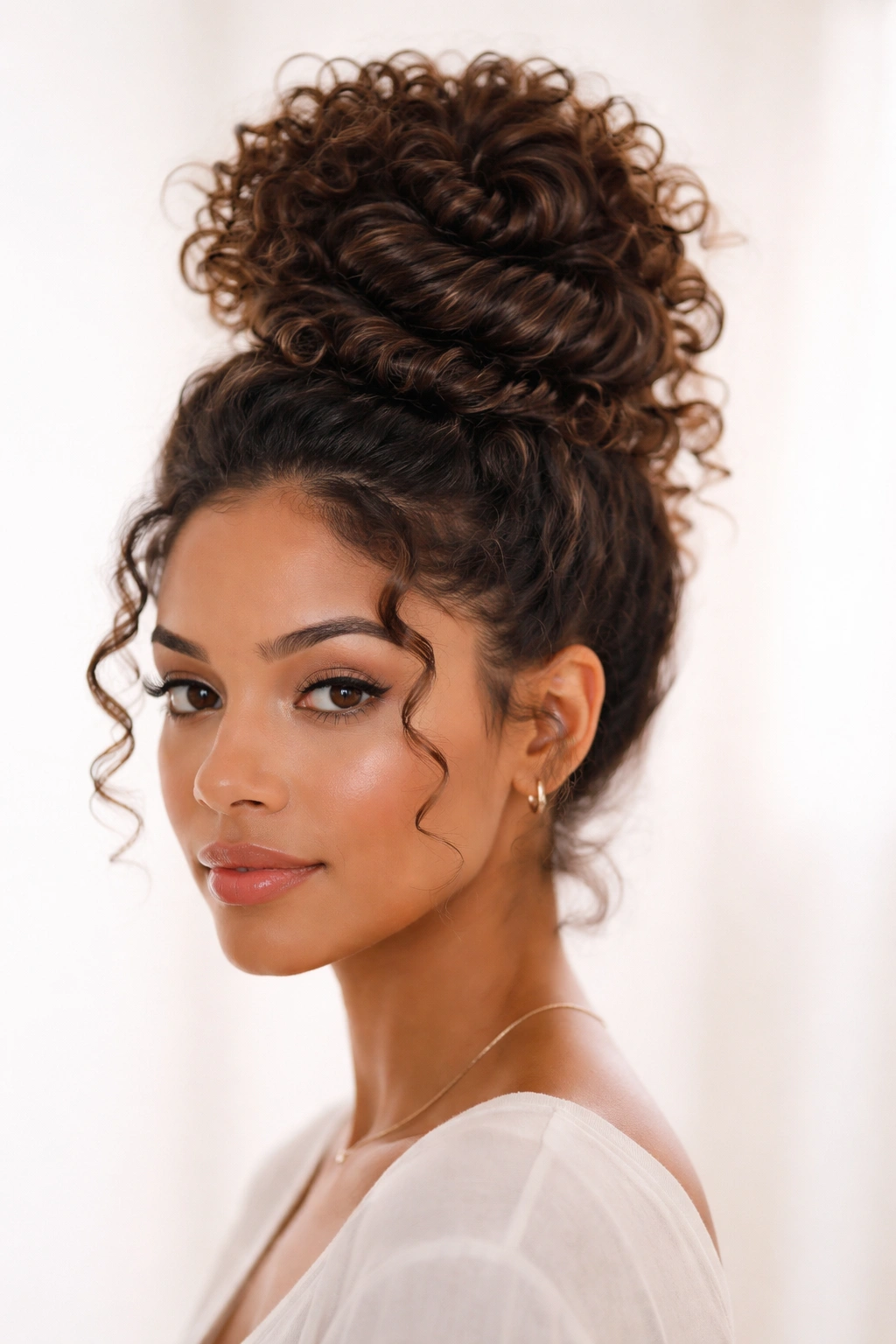 Spiral wrap high bun on curly hair viewed from front showing spiral structure