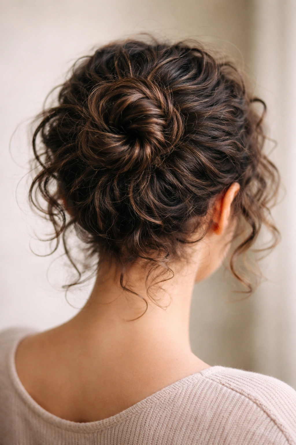Back view of a casual spiral wrap on short curly hair