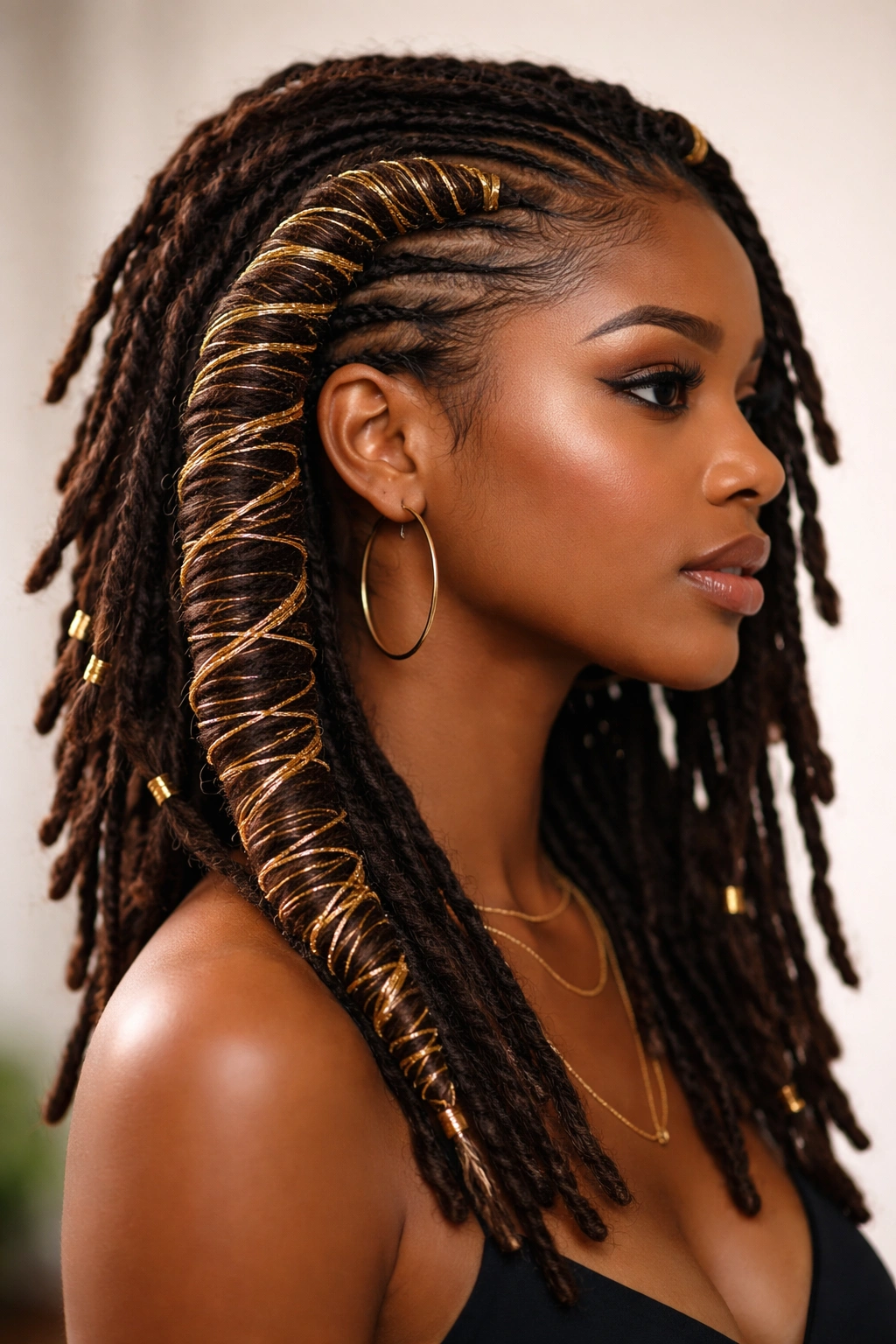 One side of locs wrapped in spiral thread for sculptural effect
