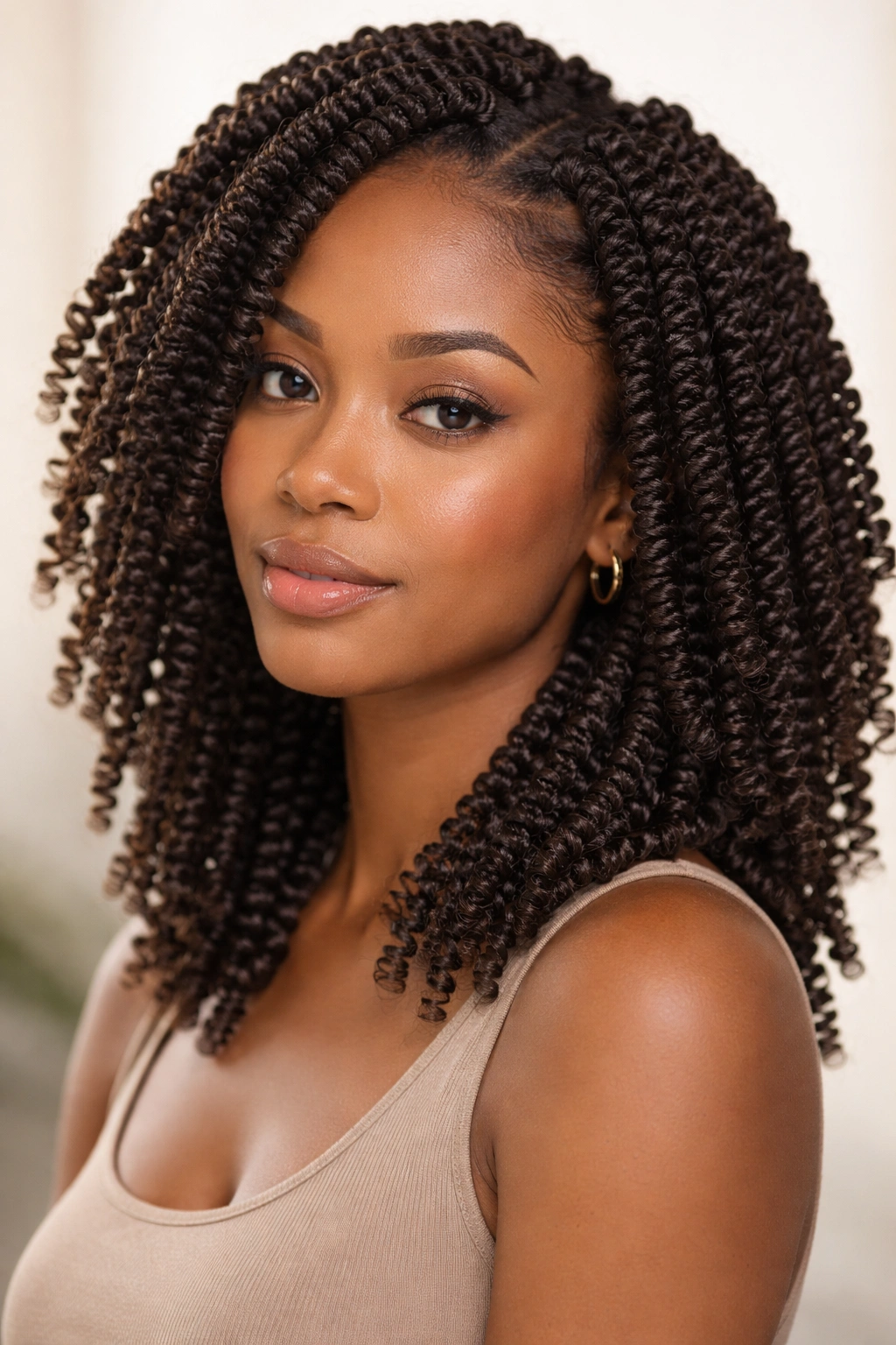 Close-up of spring twists on natural hair in studio lighting