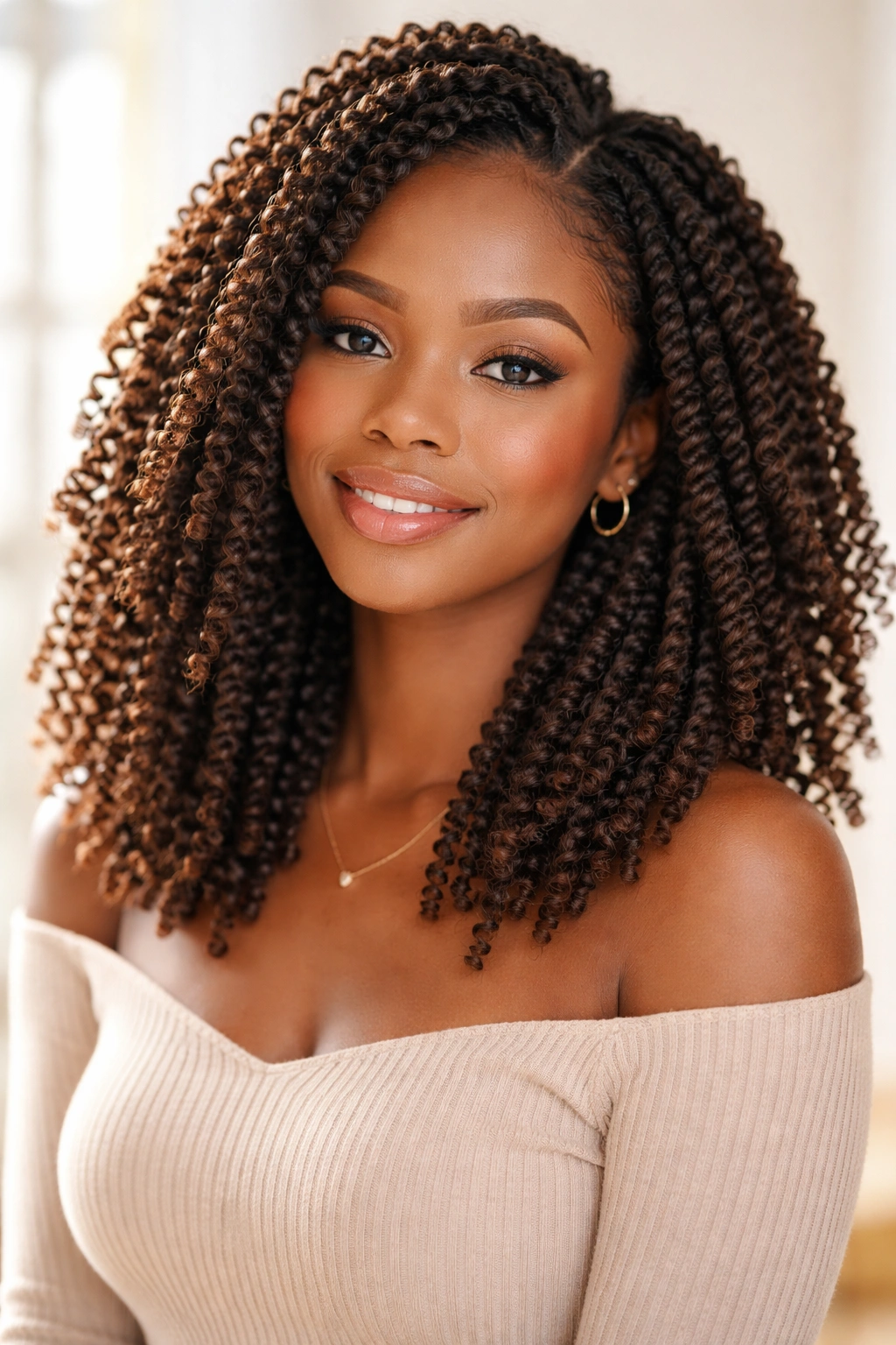 Spring twists hairstyle with light airy curls and bounce