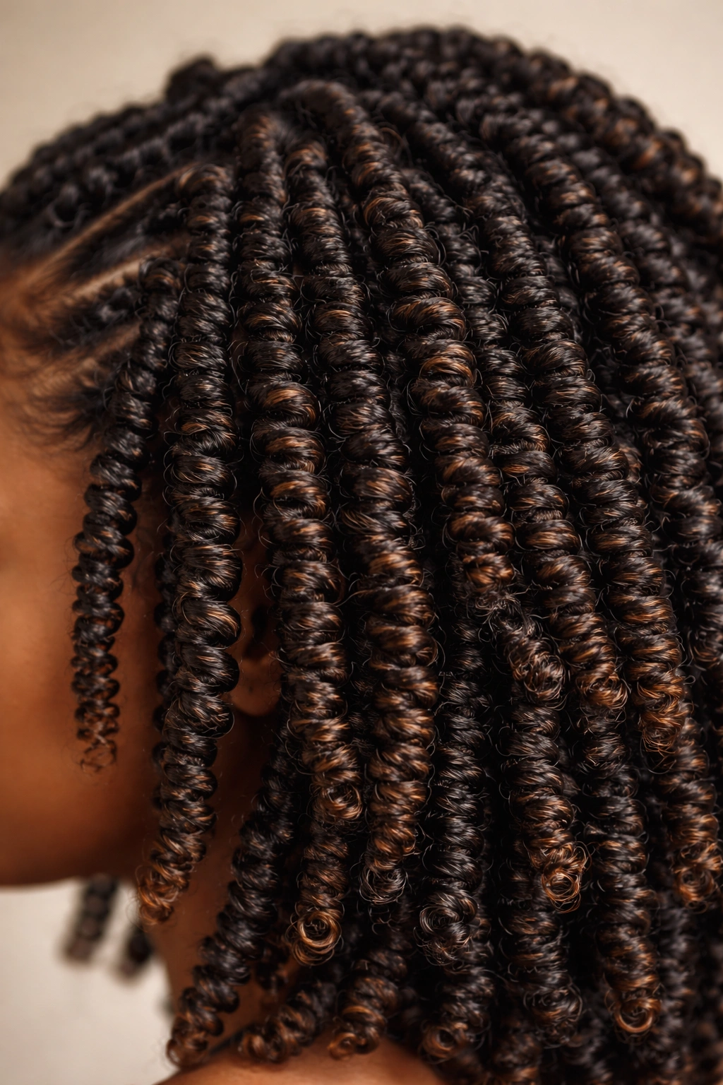 Close-up of crochet-based spring twists on natural hair with glossy synthetic fibers