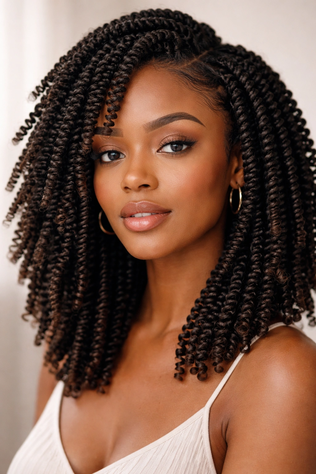 Close-up of spring twists showing tight spirals and defined texture on natural hair