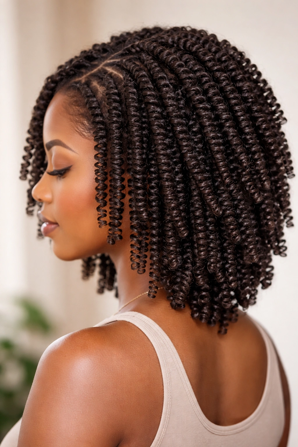 Close-up of spring twists on natural hair showing defined coiled spirals