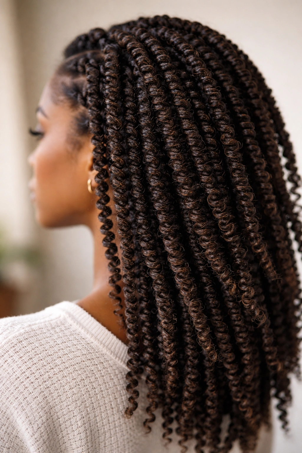 Close-up of spring twists on 4c hair showing thick spiral twists and textured pattern