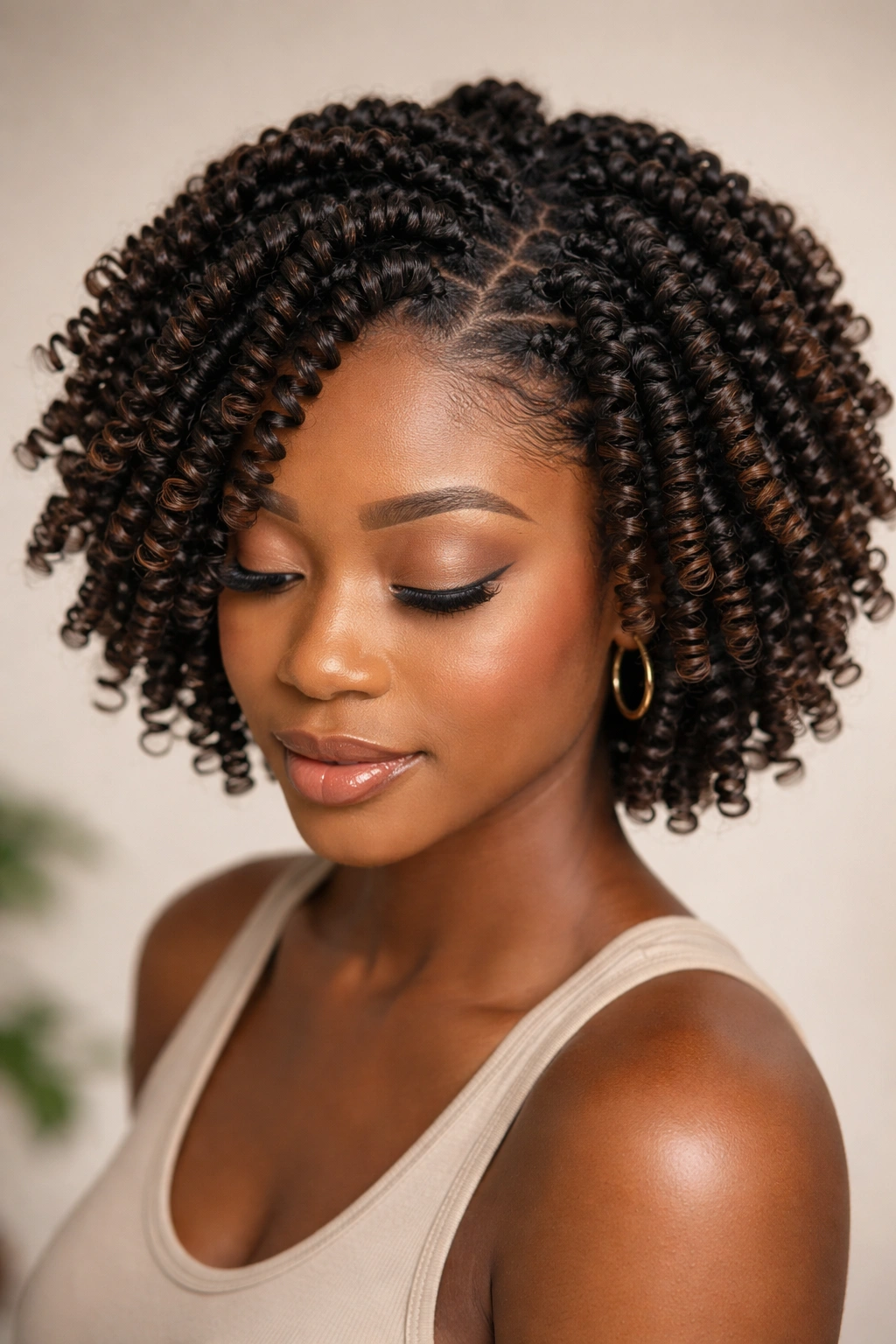 Close-up of a short afro with spring twists showing bouncy coils
