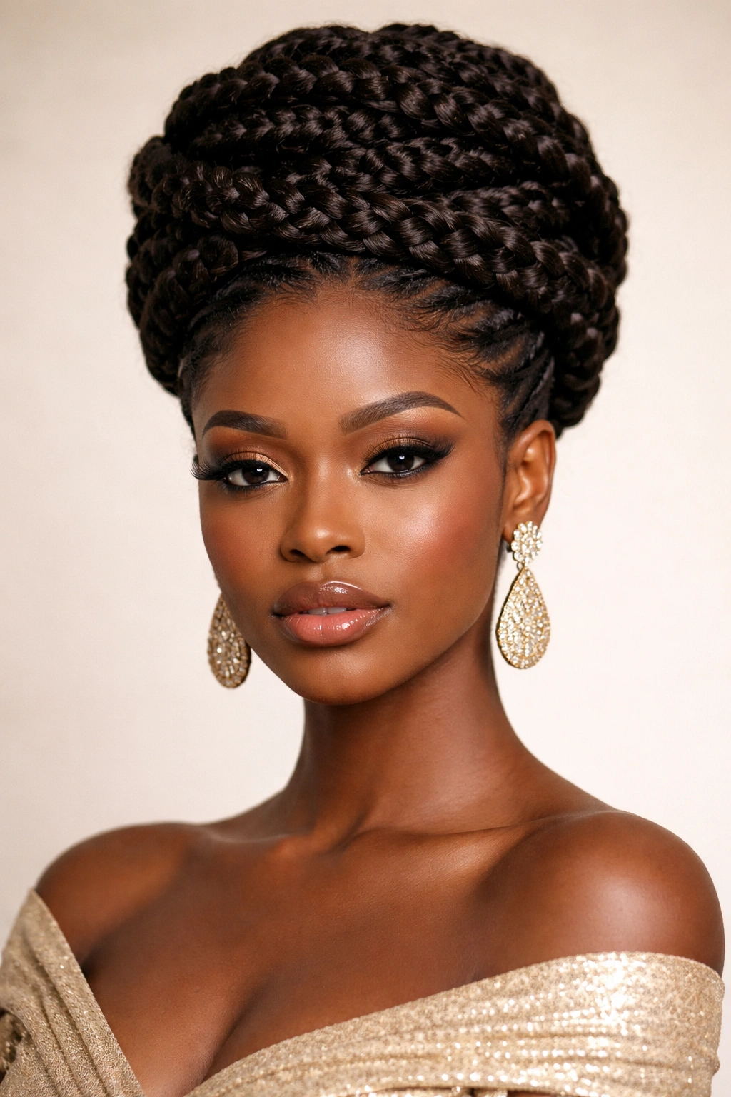 Stacked braid crown encircling the head with varied thickness braids