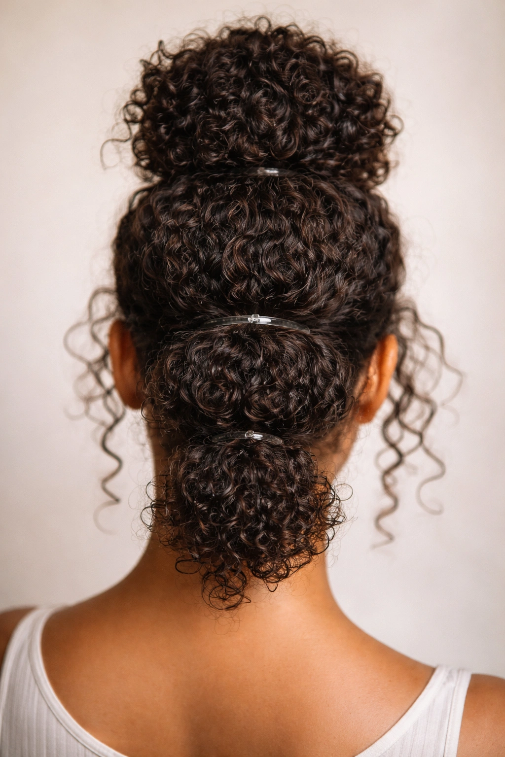 Stacked buns updo with textured curly layers