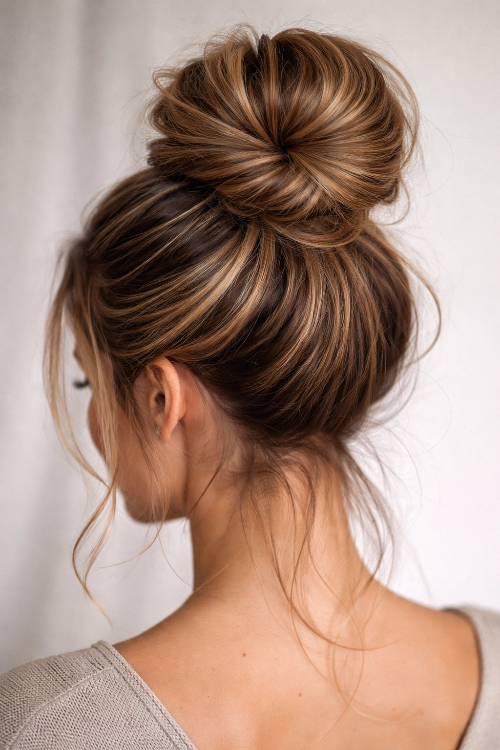 Close-up of a high stacked bun with layered hair and pronounced texture