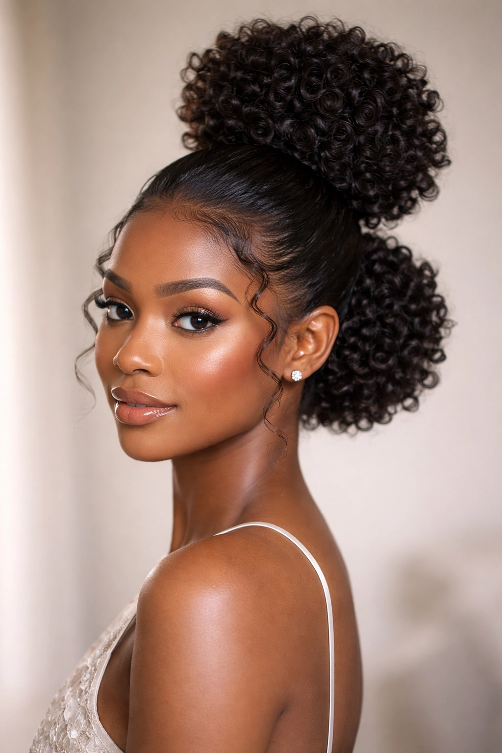 Two stacked buns with defined curls on a smooth studio backdrop