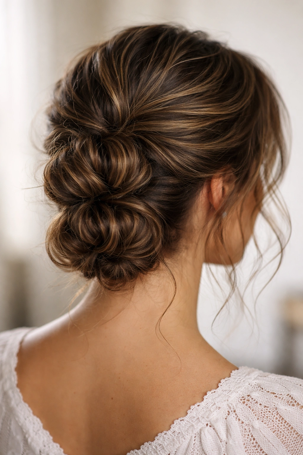 Back view of stacked low buns creating volume at the nape