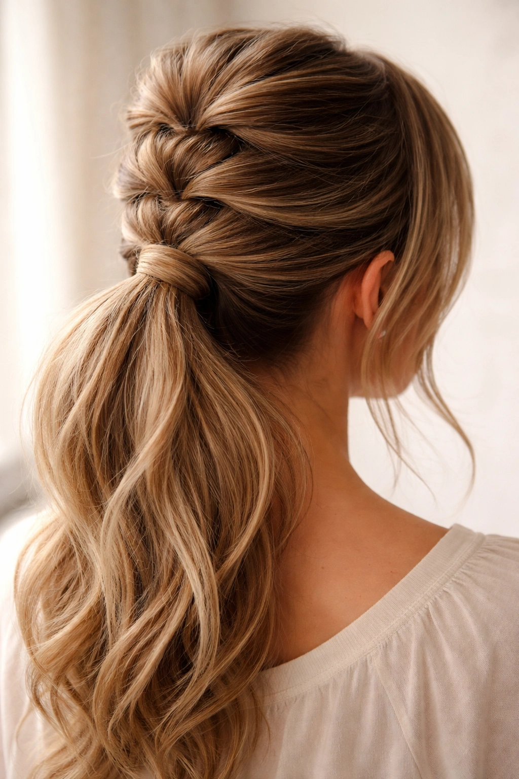 Close-up of stacked crown pony creating layered crown volume
