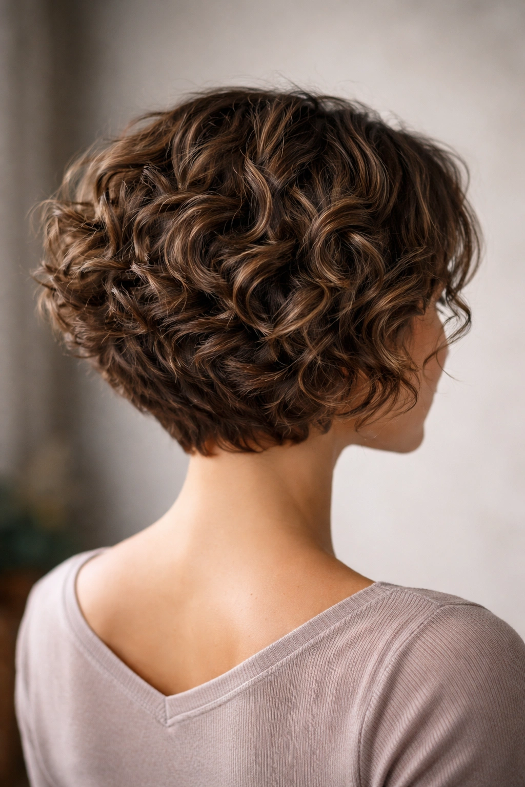 Stacked curly bob with back layers creating lift and rounded crown