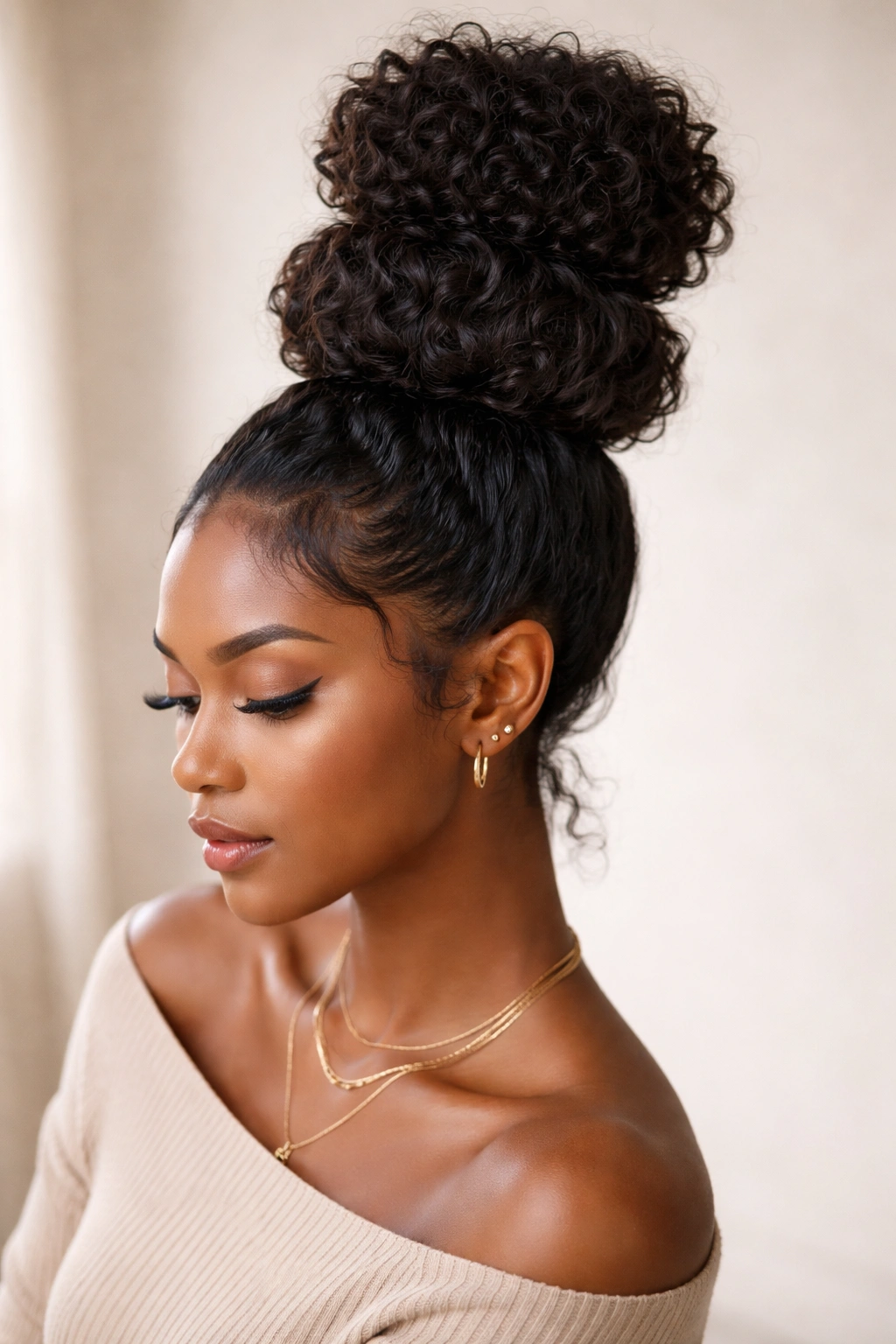 Three-quarter view of The Stacked High Bun with multiple bun tiers and high volume.
