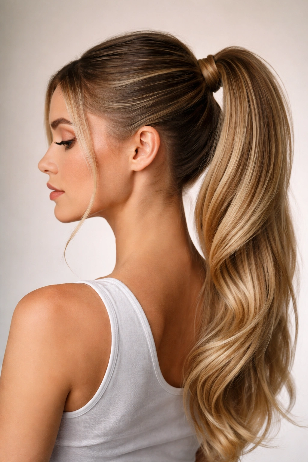 Stacked high-low ponytail close-up showing two tiers on head