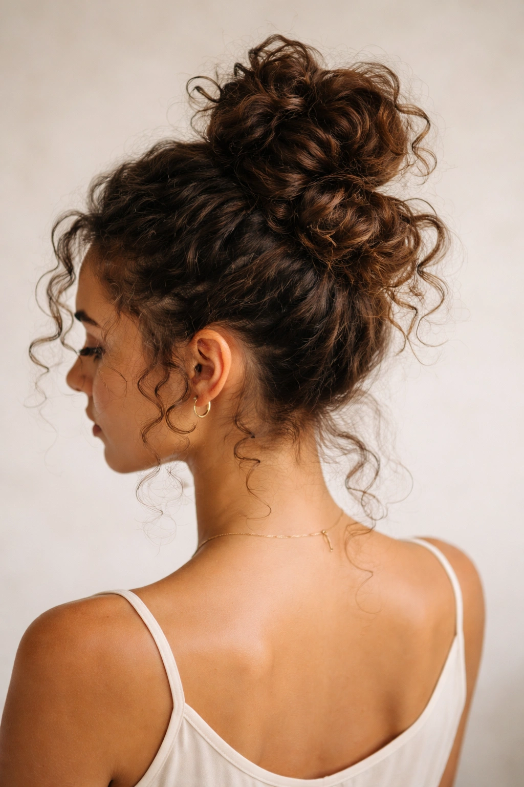 Stacked knot high bun on curly hair with multiple knots at different heights